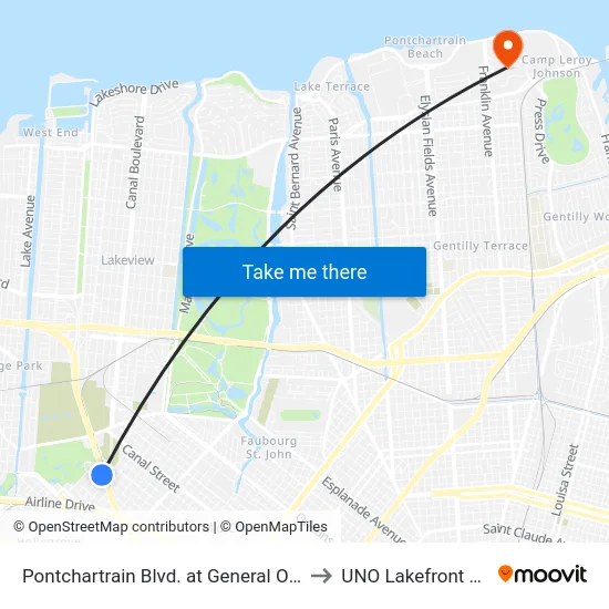 Pontchartrain Blvd. at General Ogden St. to UNO Lakefront Arena map