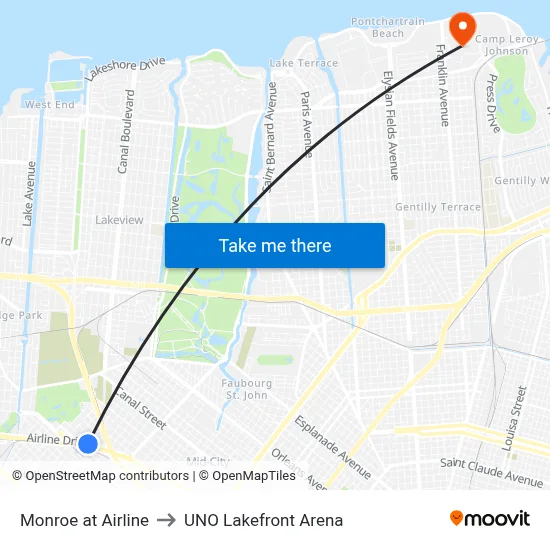 Monroe at Airline to UNO Lakefront Arena map