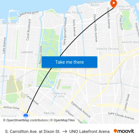 S. Carrollton Ave. at Dixon St. to UNO Lakefront Arena map