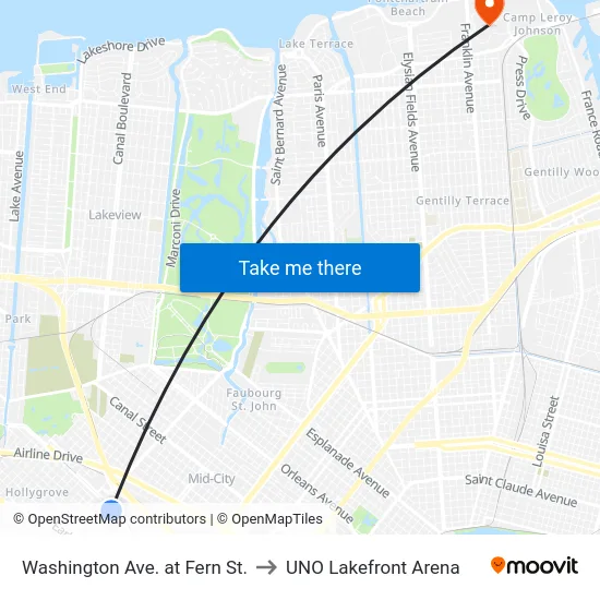 Washington Ave. at Fern St. to UNO Lakefront Arena map