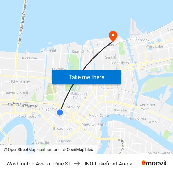 Washington Ave. at Pine St. to UNO Lakefront Arena map