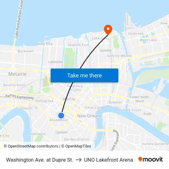 Washington Ave. at Dupre St. to UNO Lakefront Arena map