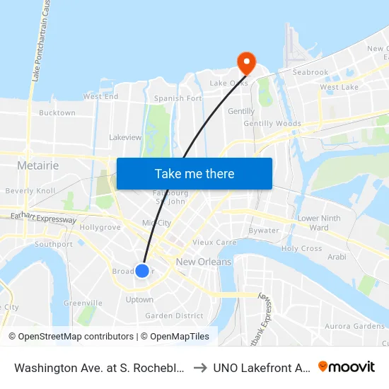 Washington Ave. at S. Rocheblave St. to UNO Lakefront Arena map