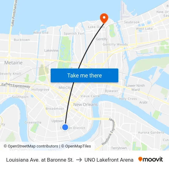 Louisiana Ave. at Baronne St. to UNO Lakefront Arena map