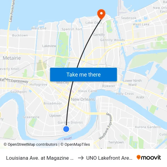 Louisiana Ave. at Magazine St. to UNO Lakefront Arena map