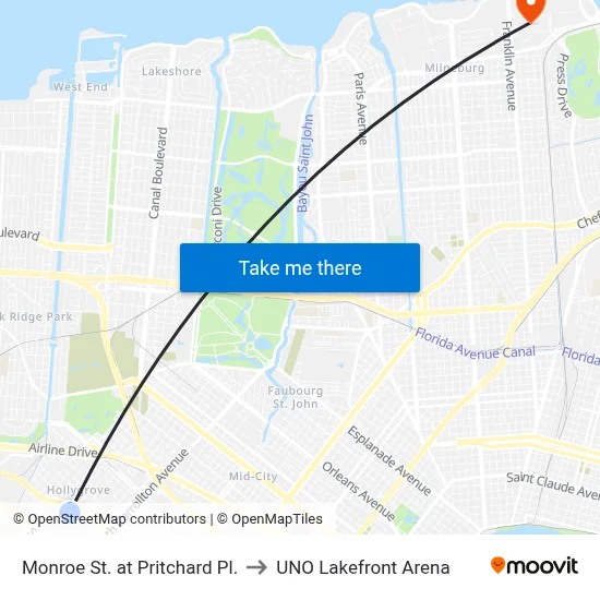 Monroe St. at Pritchard Pl. to UNO Lakefront Arena map