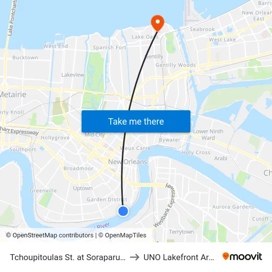 Tchoupitoulas St. at Soraparu St. to UNO Lakefront Arena map
