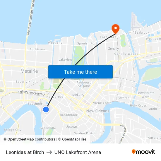 Leonidas at Birch to UNO Lakefront Arena map