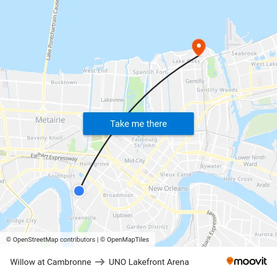 Willow St. at Cambronne St. to UNO Lakefront Arena map