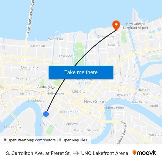 S. Carrollton Ave. at Freret St. to UNO Lakefront Arena map