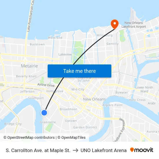 S. Carrollton Ave. at Maple St. to UNO Lakefront Arena map