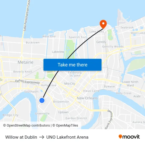 Willow at Dublin to UNO Lakefront Arena map