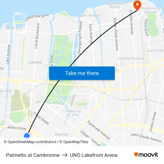 Palmetto at Cambronne to UNO Lakefront Arena map