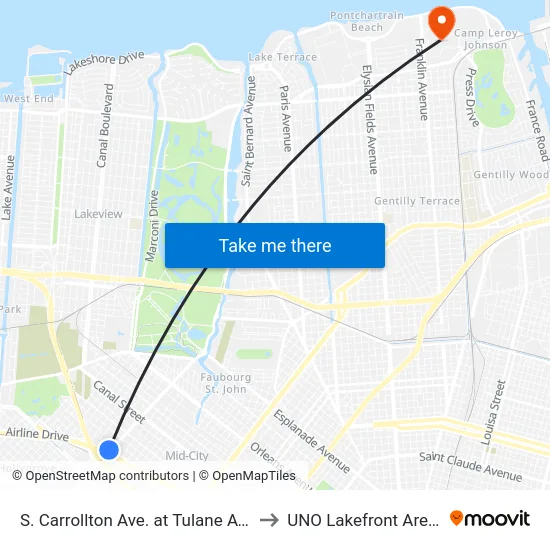 S. Carrollton Ave. at Tulane Ave. to UNO Lakefront Arena map