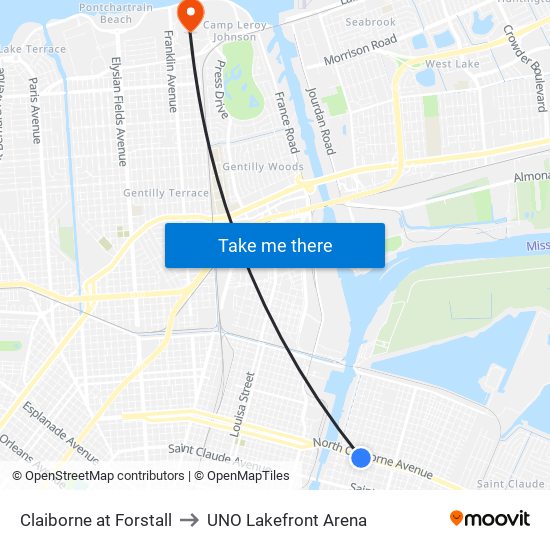 Claiborne at Forstall to UNO Lakefront Arena map
