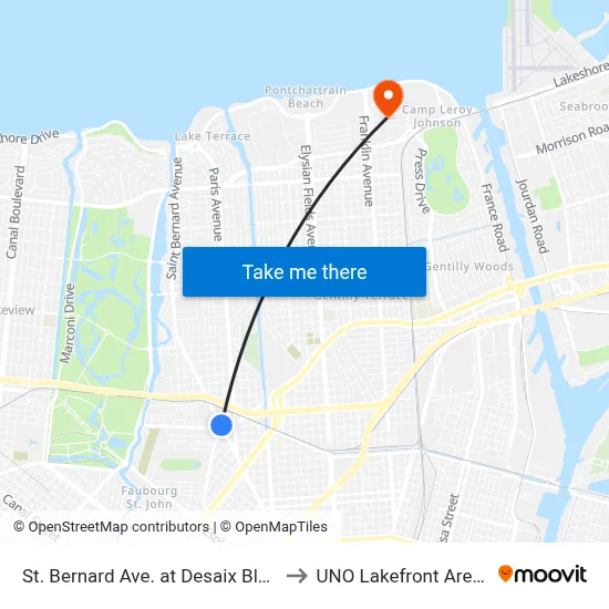 St. Bernard Ave. at Desaix Blvd. to UNO Lakefront Arena map