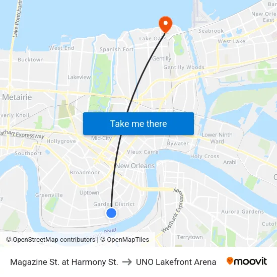 Magazine St. at Harmony St. to UNO Lakefront Arena map