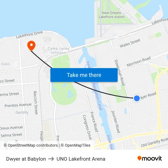 Dwyer at Babylon to UNO Lakefront Arena map