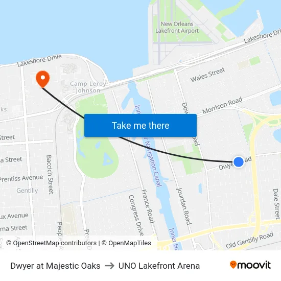 Dwyer at Majestic Oaks to UNO Lakefront Arena map