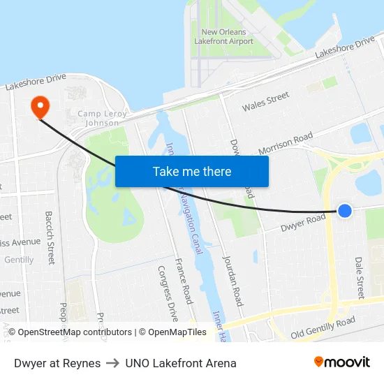 Dwyer at Reynes to UNO Lakefront Arena map