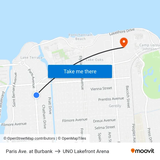 Paris Ave. at Burbank to UNO Lakefront Arena map