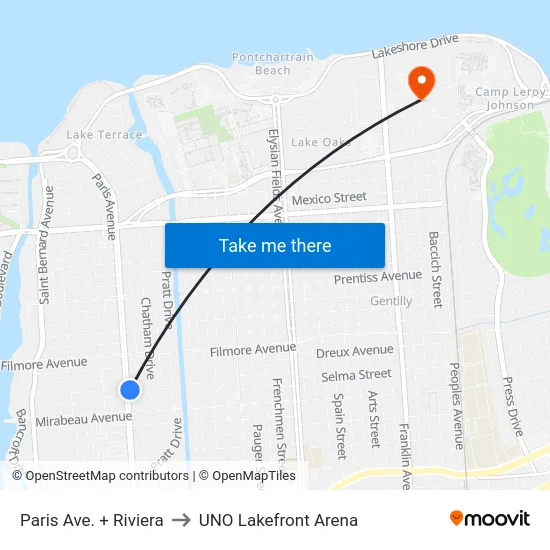 Paris Ave. + Riviera to UNO Lakefront Arena map