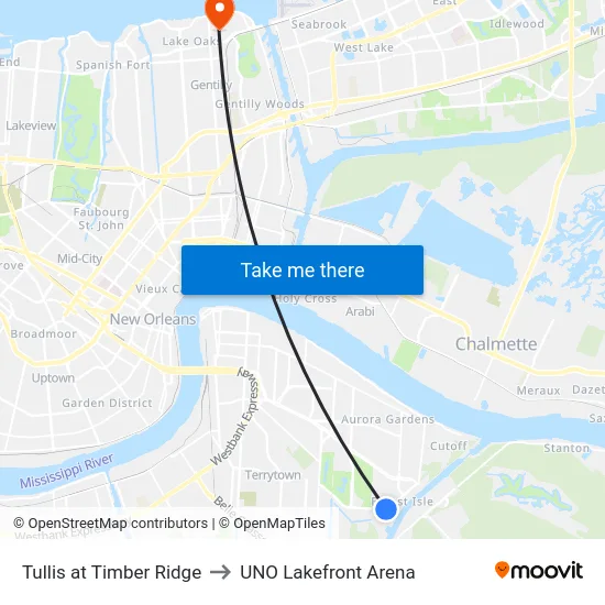 Tullis at Timber Ridge to UNO Lakefront Arena map