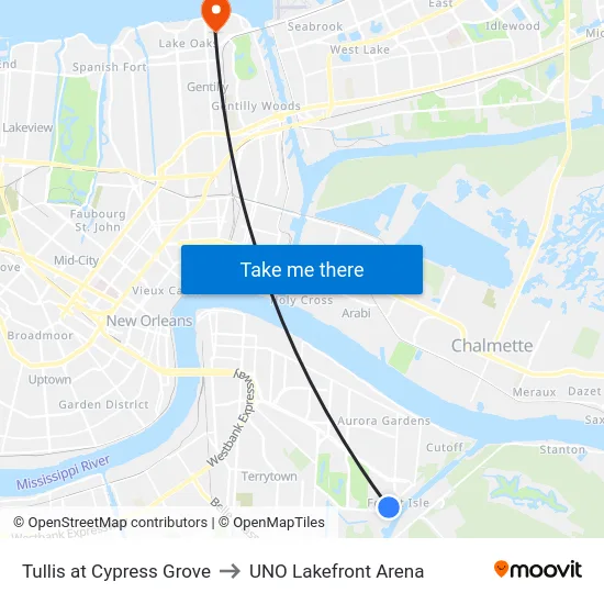 Tullis at Cypress Grove to UNO Lakefront Arena map