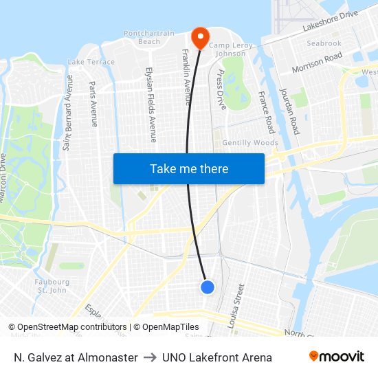 N. Galvez at Almonaster to UNO Lakefront Arena map