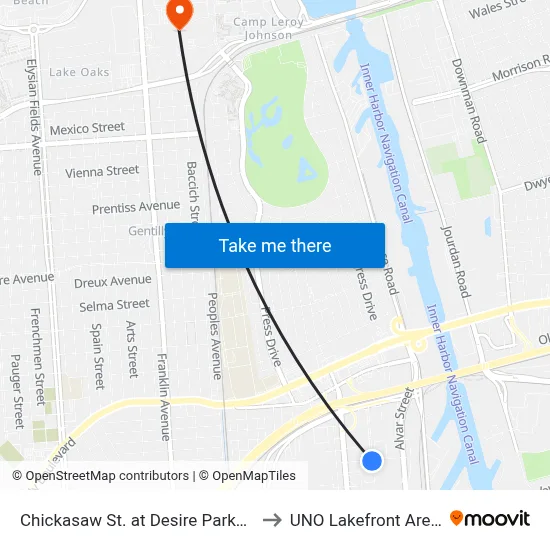 Chickasaw St. at Desire Parkway to UNO Lakefront Arena map