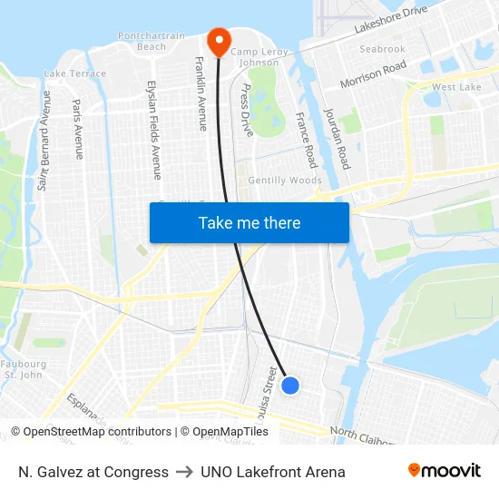 N. Galvez at Congress to UNO Lakefront Arena map