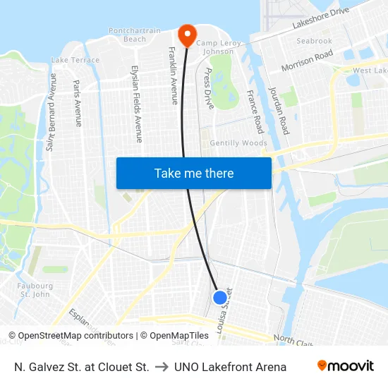 N. Galvez St. at Clouet St. to UNO Lakefront Arena map