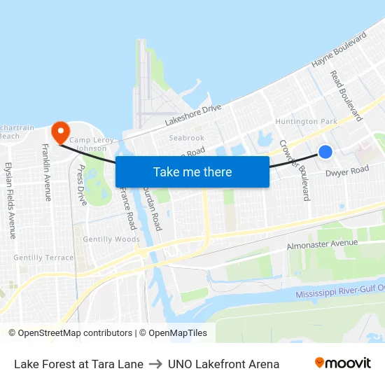 Lake Forest at Tara Lane to UNO Lakefront Arena map