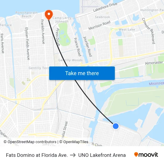 Fats Domino at Florida Ave. to UNO Lakefront Arena map