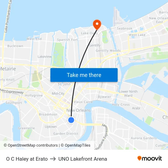 O C Haley at Erato to UNO Lakefront Arena map