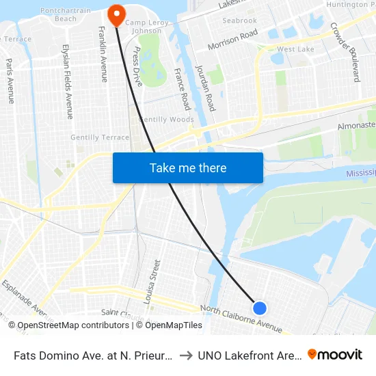 Fats Domino Ave. at N. Prieur St. to UNO Lakefront Arena map