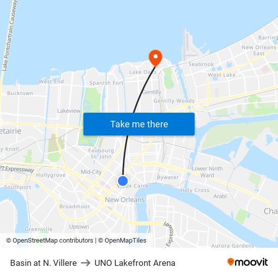 Basin at N. Villere to UNO Lakefront Arena map