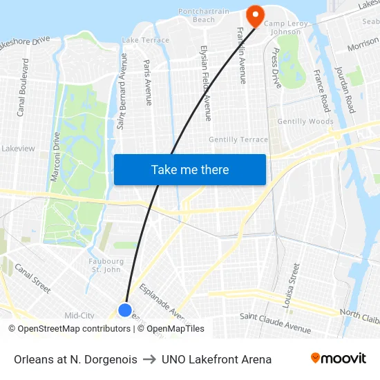 Orleans at N. Dorgenois to UNO Lakefront Arena map