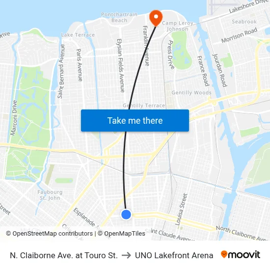 N. Claiborne Ave. at Touro St. to UNO Lakefront Arena map