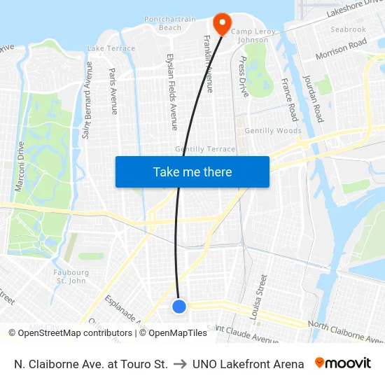 N. Claiborne Ave. at Touro St. to UNO Lakefront Arena map