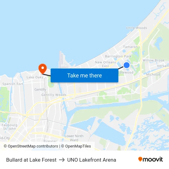 Bullard at Lake Forest to UNO Lakefront Arena map