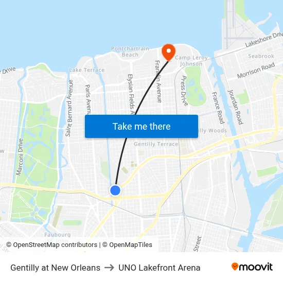 Gentilly at New Orleans to UNO Lakefront Arena map