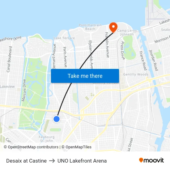 Desaix at Castine to UNO Lakefront Arena map