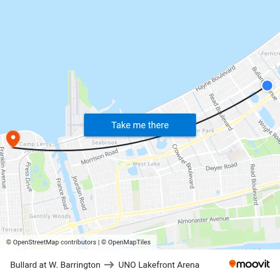 Bullard at W. Barrington to UNO Lakefront Arena map