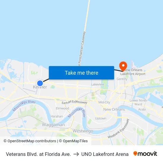 Veterans Blvd. at Florida Ave. to UNO Lakefront Arena map