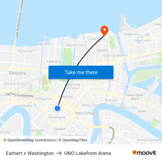Earhart + Washington to UNO Lakefront Arena map