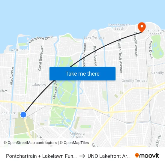 Pontchartrain + Lakelawn Funeral to UNO Lakefront Arena map