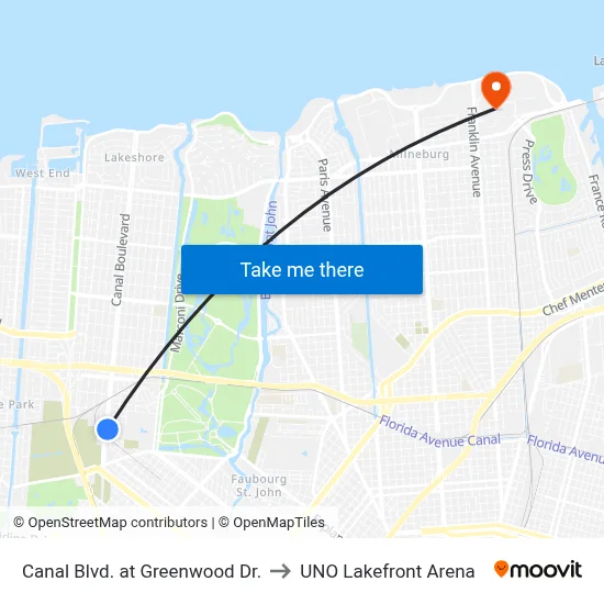 Canal Blvd. at Greenwood Dr. to UNO Lakefront Arena map