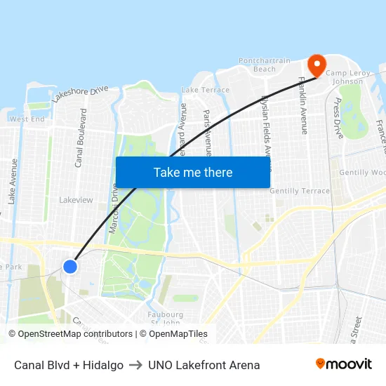 Canal Blvd + Hidalgo to UNO Lakefront Arena map