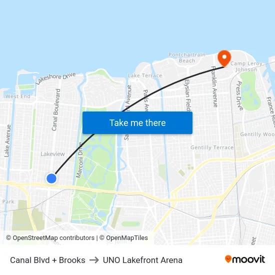 Canal Blvd + Brooks to UNO Lakefront Arena map